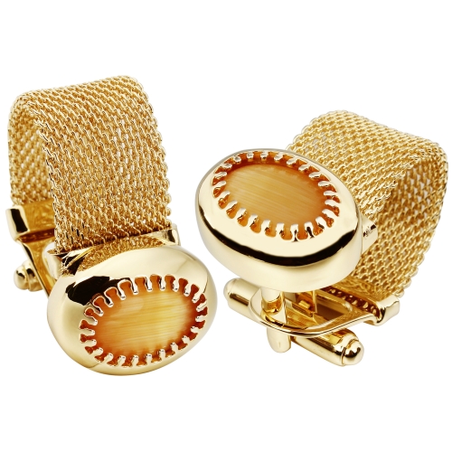 HAWSON Mens Cufflinks with Chain - Yellow Cat's Eye Stone and Shiny Golden Tone Shirt Accessories - Party Gifts for Young Men