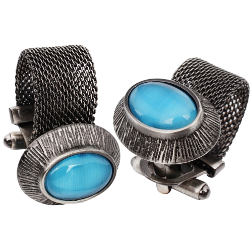 HAWSON Mens Cufflinks with Chain - Blue Cats Eye Stone and Anti-sivler Tone Shirt Accessories - Party Gifts for Young Men