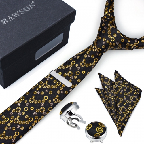 Men's Necktie Button Cover Cufflinks Sets with Pocket Square and Tie Clip in Gift Box - HAWSON