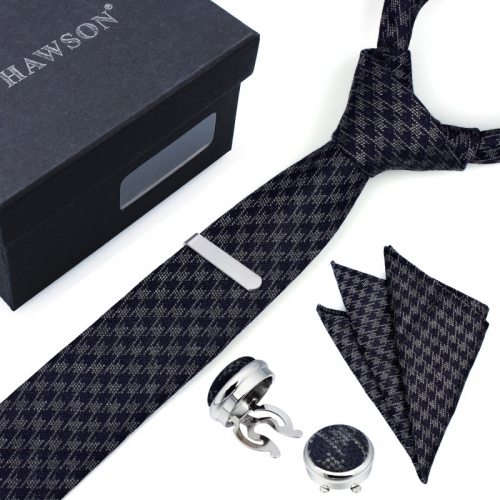 Plaid Necktie Sets for Men with Cufflinks Pocket Square and Tie Clip in Gift Box - HAWSON