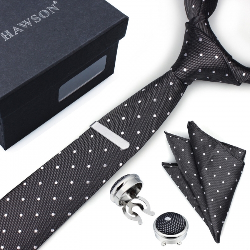 Men's Polka Dot Necktie Sets with Cufflinks Pocket Square and Tie Clip in Gift Box - HAWSON