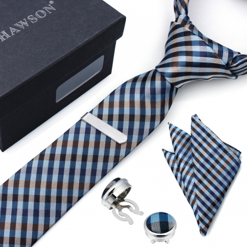 Plaid Necktie Sets for Men with Cufflinks Pocket Square and Tie Clip in Gift Box - HAWSON