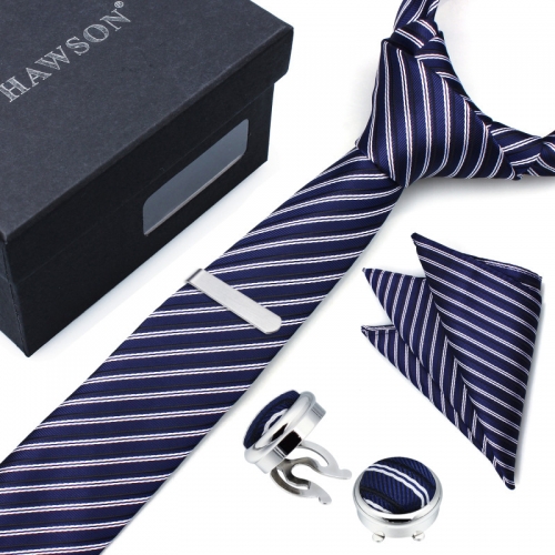 Striped Necktie Sets for Men with Cufflinks Pocket Square and Tie Clip in Gift Box - HAWSON