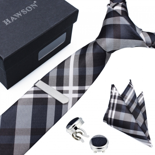 Checkered Necktie Sets for Men with Cufflinks Pocket Square and Tie Clip in Gift Box - HAWSON