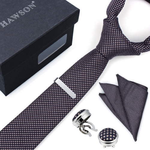 Men's Plaid Necktie Pocket Square Sets with Button Cover Cufflinks and Tie Clip in Gift Box