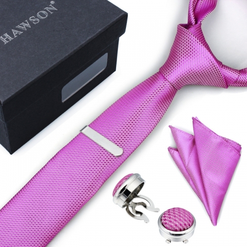 Men's Necktie Pocket Square Sets with Button Cover Cufflinks and Tie Clip in Gift Box