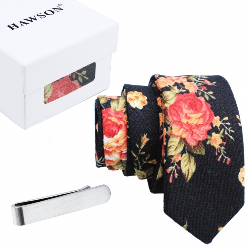 Skinny Floral Painted Ties for Men Cotton Necktie with Tie Bar Clip - HAWSON