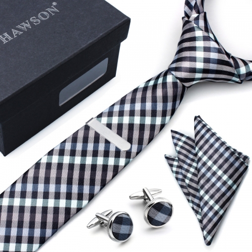 Mens Gingham Tie, Pocket Square Set with Cuff Links and Tie Clip in Gift Box - HAWSON