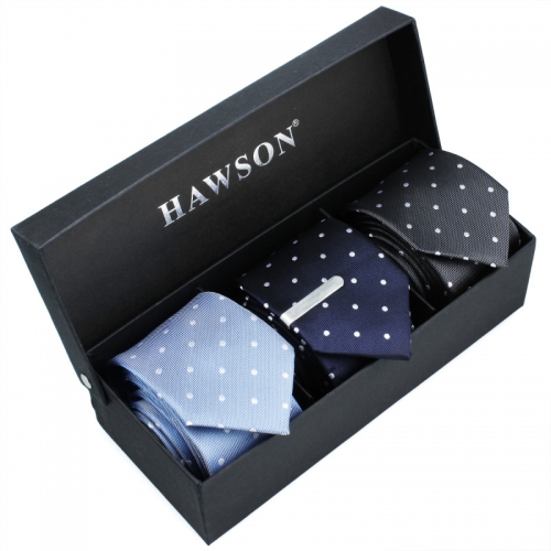 Men's 3 pcs Necktie Set in Solid Satin Dots Pattern with One piece 1.375 inch tie clip - HAWSON