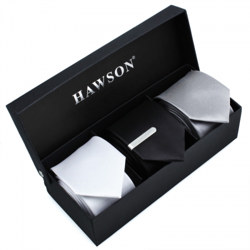 Men's 3 pcs Solid Satin Necktie Set with One piece 1.375 inch tie clip - HAWSON