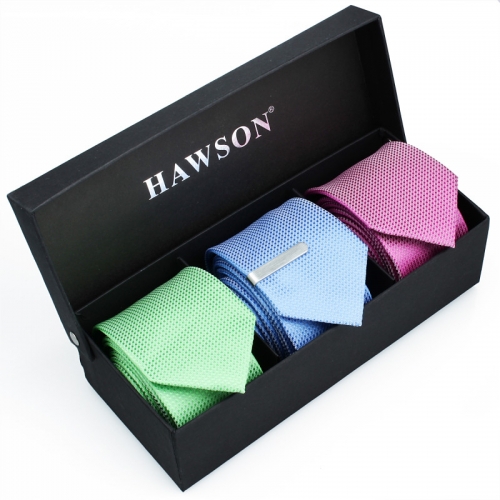 Men's 3 pcs Solid Satin Necktie Set with One piece 1.375inch tie clip - HAWSON