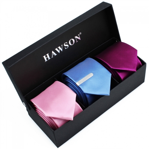 3 pcs Solid Satin Necktie Set for Men with One piece 1.375 inch tie clip - HAWSON