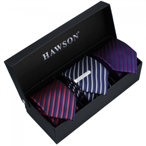 3 pcs Striped Necktie Set for Men with One piece 1.375 inch tie clip - HAWSON