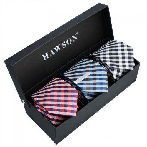 3 pcs Necktie Set for Men in Classical Plaid with One piece 1.37 inch tie clip - HAWSON