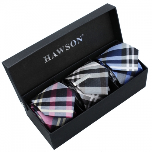Men's 3 pcs Necktie Set in Classical Grid Pattern with One piece 1.375 inch tie clip - HAWSON