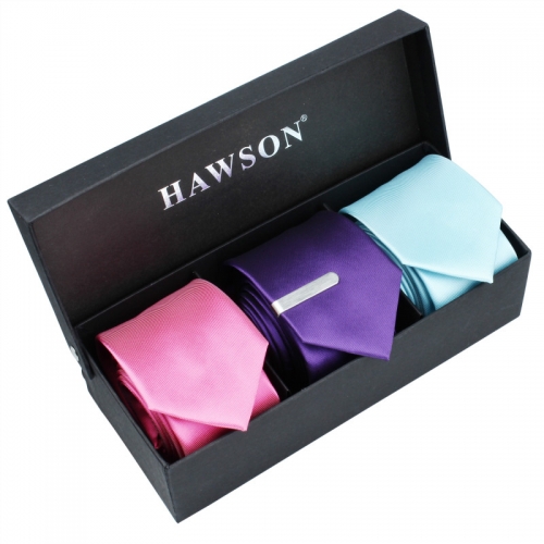 3 pcs Solid Necktie Set for Men with One piece 1.375 inch tie clip - HAWSON