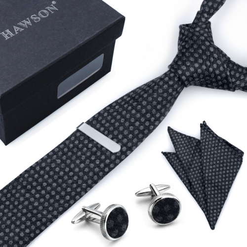 Men’s Bamboo Fiber Tie Pocket Square Set with Cuff Links and Tie Clip in Gift Box - HAWSON