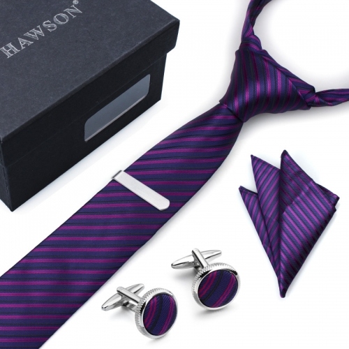 Men’s Striped Tie Pocket Square Set with Cuff Links and Tie Clip in Gift Box - HAWSON