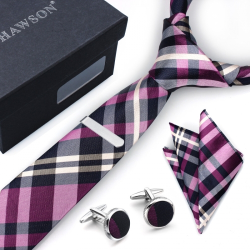 Mens Checkered  Tie Pocket Square Set with Cuff Links and Tie Clip in Gift Box - HAWSON