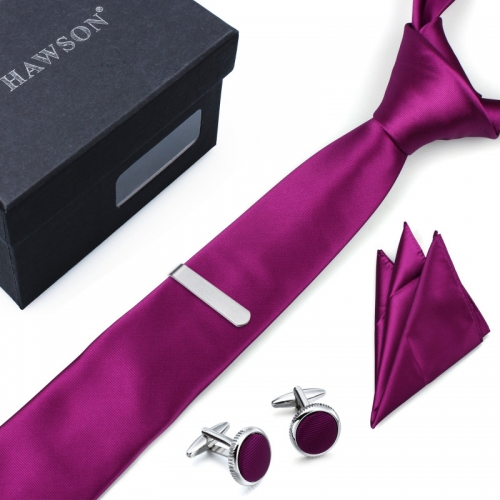 Mens Tie Pocket Square Set with Cuff Links and Tie Clip in Gift Box - HAWSON