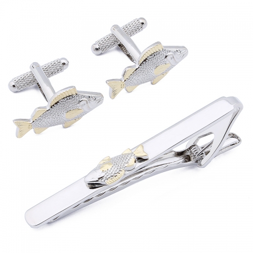 Fish Shaped 2.5" Tie Bar Clip and Cufflinks Set Silver - HAWSON