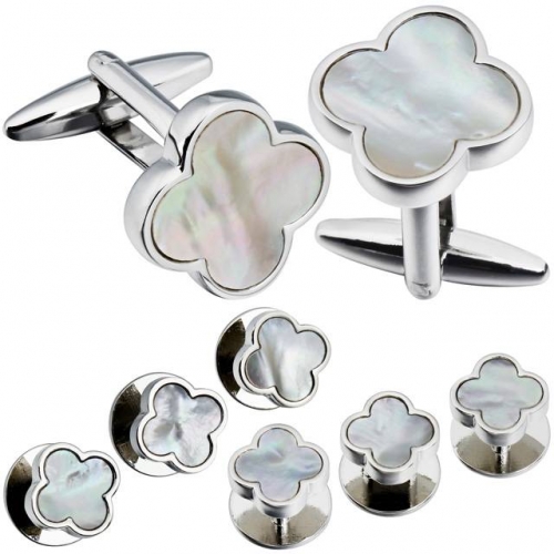 Cufflinks and Shirt Studs Set in Four Leaf/ Flower Style for Men