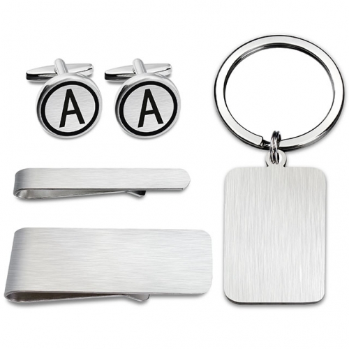 Cufflinks+Tie Clip+Key Chain+Money Clip Set 26 Letters Printed Brushed Gift for Men