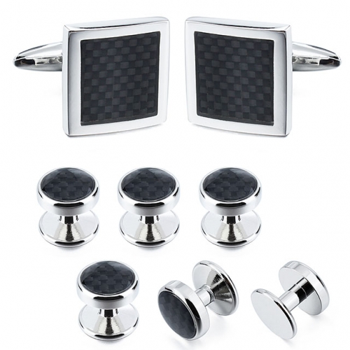 Black Carbon Fiber Cufflinks and Dress Tuxedo Studs Sets for Men HAWSON