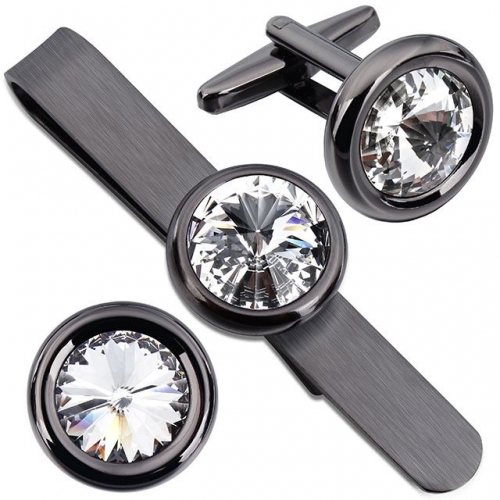 Men Gunmetal Swarovski Crystal Cufflinks and Tie Clips Set for Business Wedding