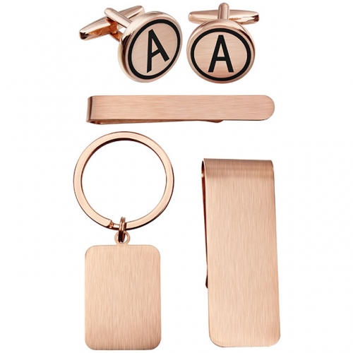 HAWSON Matching Set of Cufflinks+Tie Clip+Key Chain+Money Clip Set 26 Capital Letters (one of 26, from "A"-"Z") Printed Brushed Gift/Present for Men