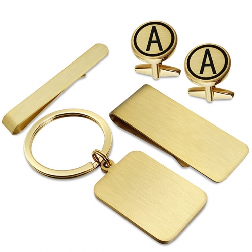 HAWSON Matching Set of Cufflinks+Tie Clip+Key Chain+Money Clip Set 26 Capital Letters (one of 26, from "A"-"Z") Printed Brushed Gift/Present for Men