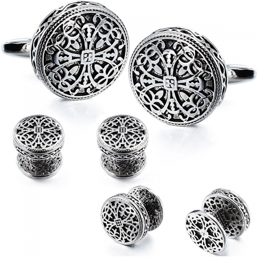 Vintage Cufflinks and Tuxedo Shirt Studs for Men with Retro Flower Pattern