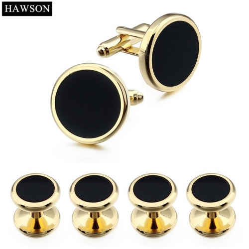 HAWSON Man Tuxedo Shirt Studs Fashion Black Enamel Cufflinks Studs Set with Black Box