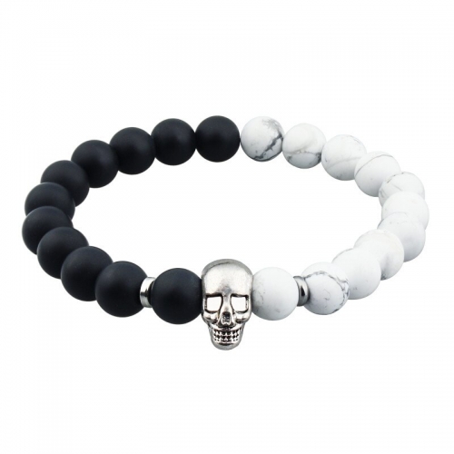 Black Bead and White Turquoise Stone Beads Bracelets with Metal Skull Face and Elastic Rope