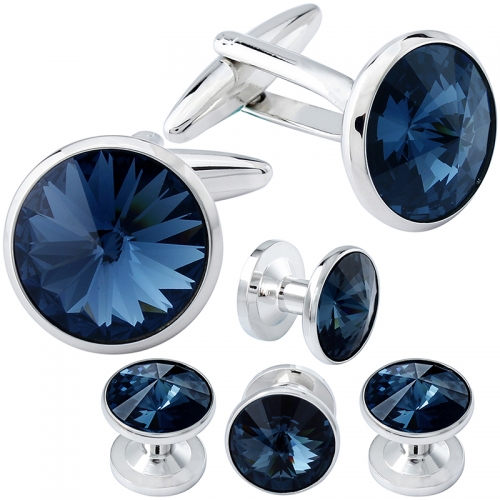 HAWSON Cufflink and Studs Tuxedo Set Silver Color with Swarovski Crystals in Jet Hematite, Dark Blue, Crystal Grey,Purple, Green