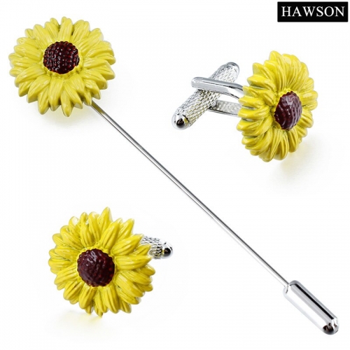 Novelty Cufflinks Sunflower Brooch Pin Mens Party Dress Safety Long Needle Lapel Pins