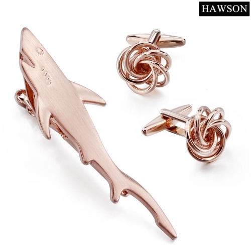 Casual Men's Shark Tie Clip Rose Gold Tie Bar Cufflinks Set