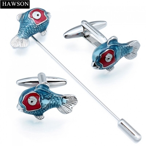 Mens French Dress Blue Fish Cuff links and Brooches Pin with High-Grade Box Ceremony Gift