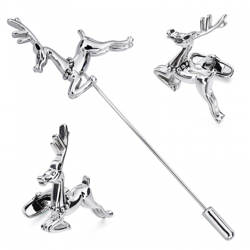 Silver Color Sika Deer Cufflinks Brooch Pin Novelty Anime Cuff Link Button Match with Gentlemen Suit Shirt