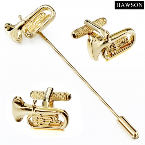 Unique Men's Cufflinks Trumpet Elegant Gold Color Brooch Pin Cuff Set Shinny Music Equipment Cuff Links Button