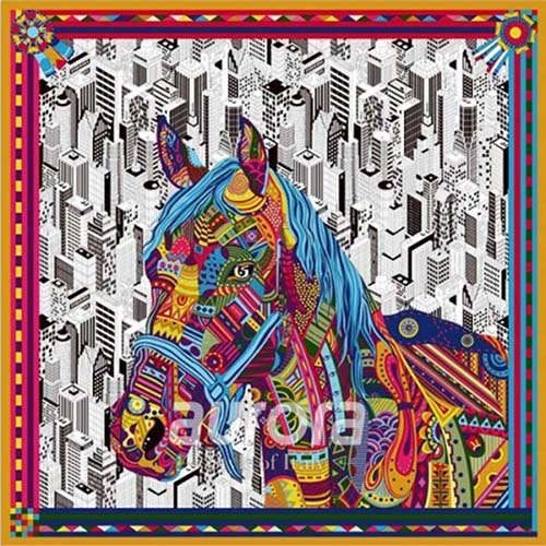 Silk scarf for women with city and horse pattern Q1-001