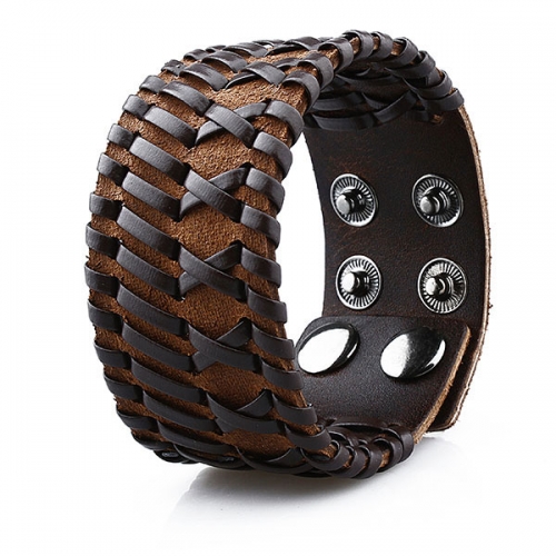 Brown hand-woven leather punk bracelet with adjustable double buckle