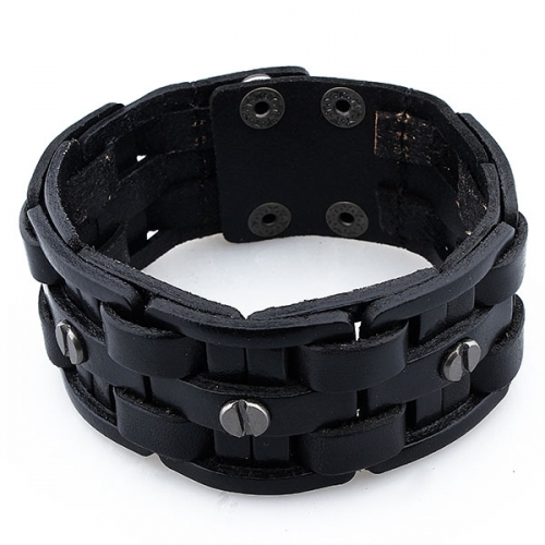 Black hand-woven screw genuine leather bracelet