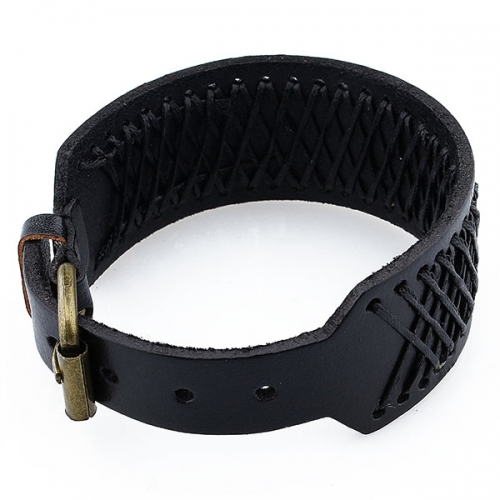 Punk hand-knitted black leather bracelet with pin buckle
