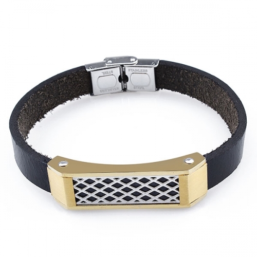 Black & Gold Leather Bracelet with Stainless Steel Clasp