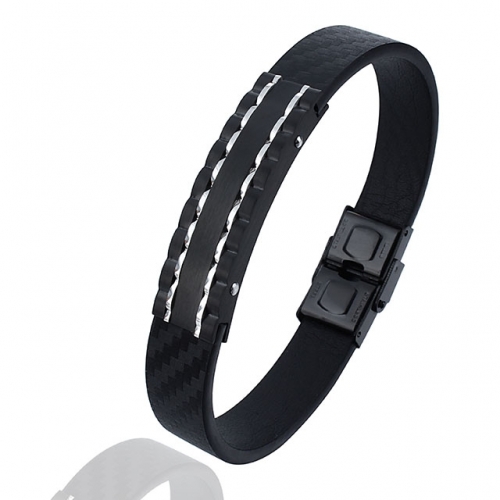 Mens leather charm bracelet with black carbon fiber surface