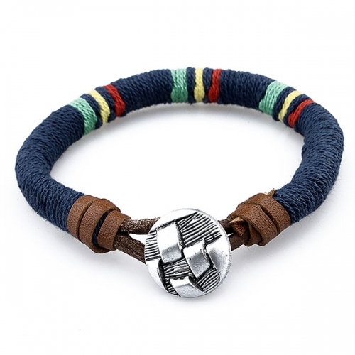 Brown leather bracelet with colorful braided hemp rope and steel buckle