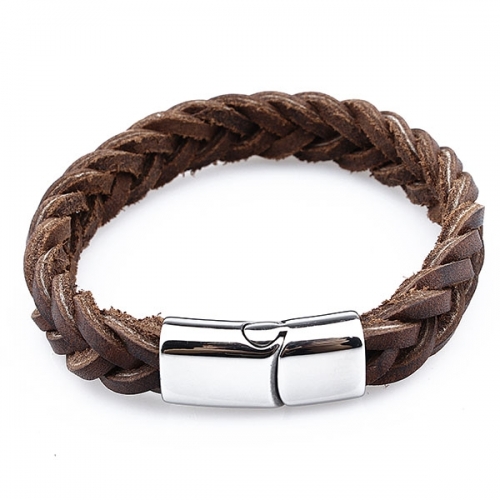 Brown genuine leather bracelet with stainless steel buckle
