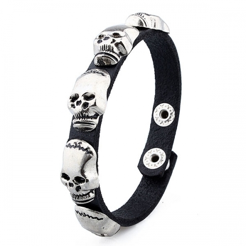 Black leather bracelet with silver alloy skull accessories and adjustable buckle
