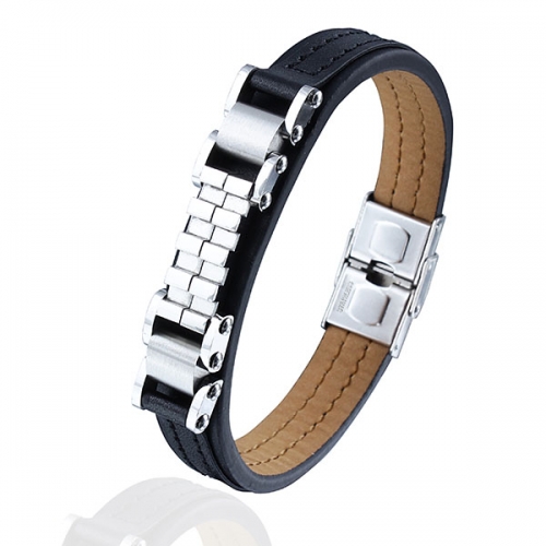 Stainless steel chain & leather bracelet with nickel-free clasp